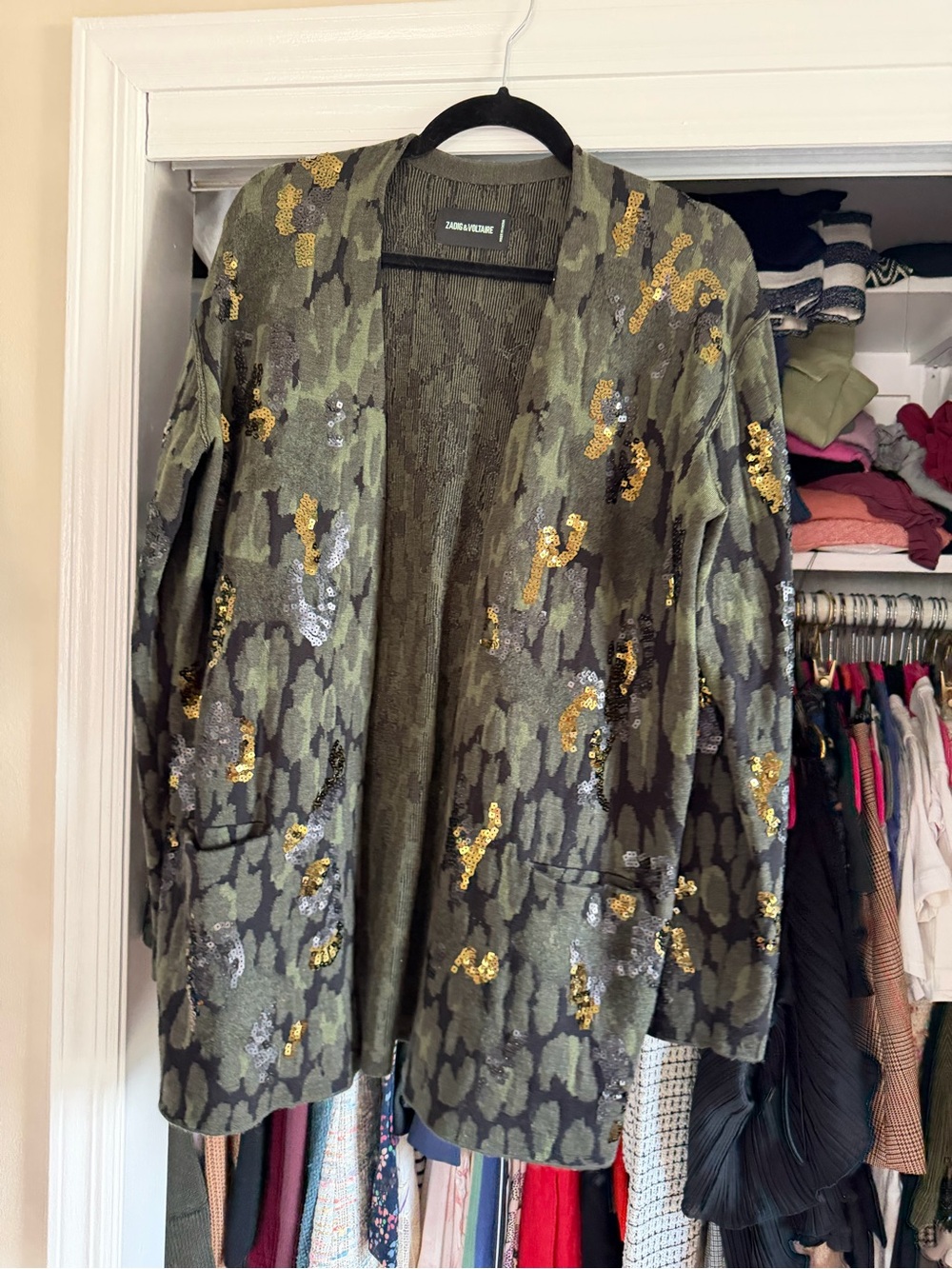 Zadig & Voltaire Olive Green Camouflage Sequin Open Cardigan